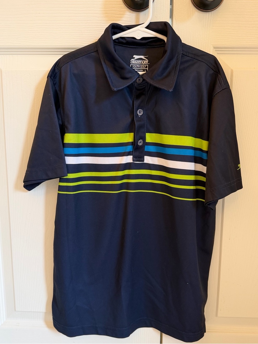 EUC Slazenger Boys Navy Polo with Lime, Blue & White Stripes size Y Large 11/12